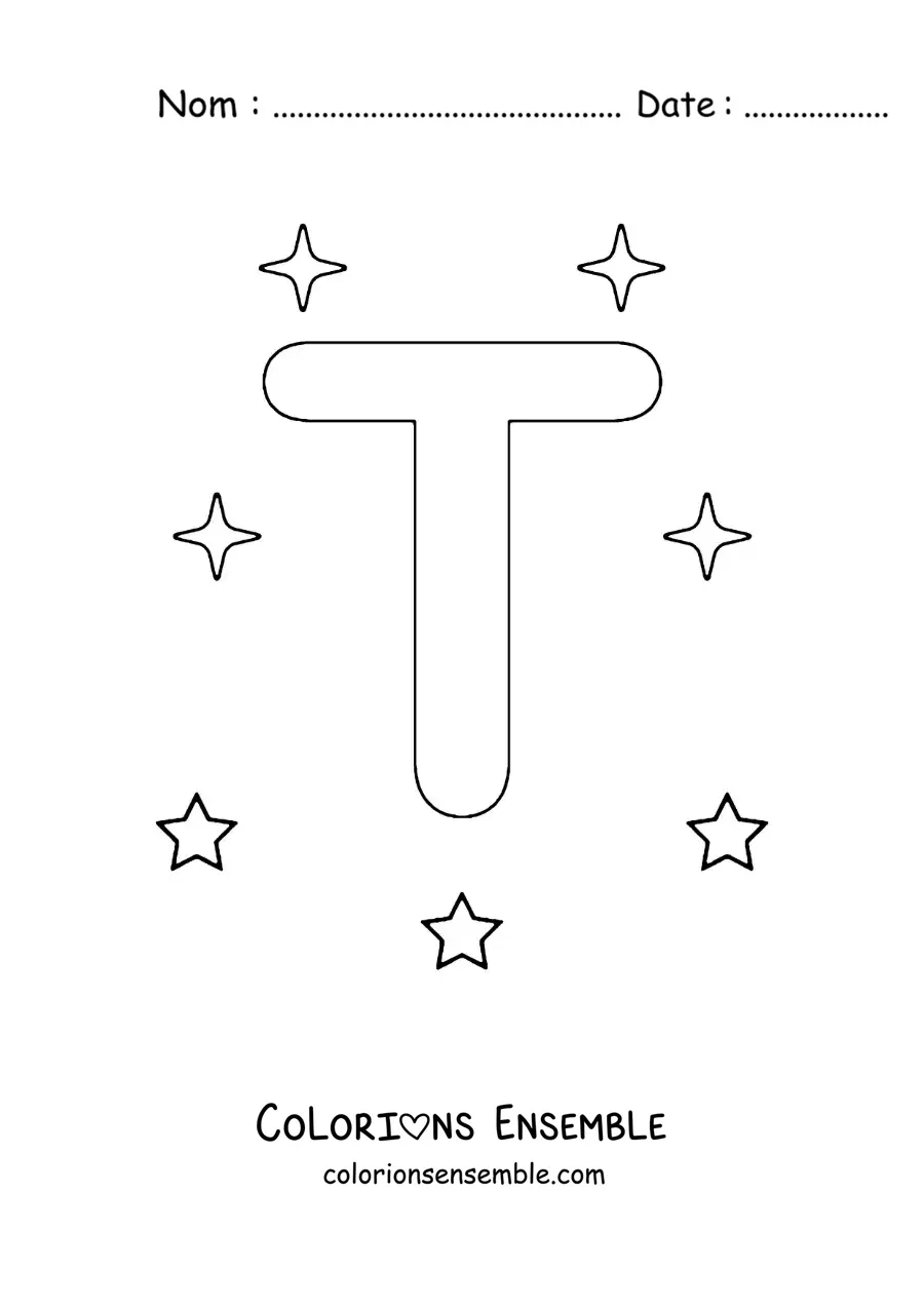 Image à colorier de la lettre T majuscule avec des étoiles