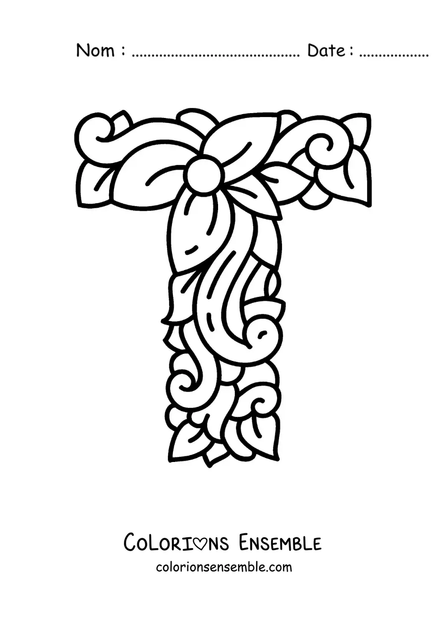 Image à colorier de la lettre T majuscule décorée