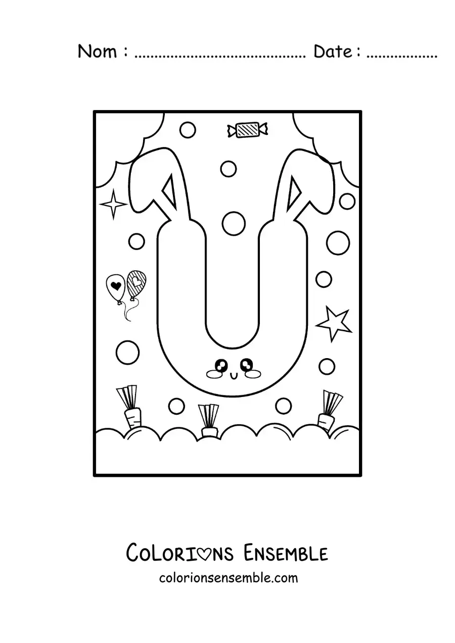 Image à colorier de la lettre U en forme de lapin kawaii animé