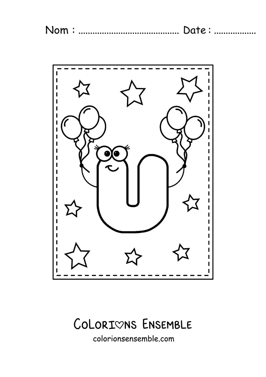 Image à colorier de la lettre U majuscule animée avec des ballons