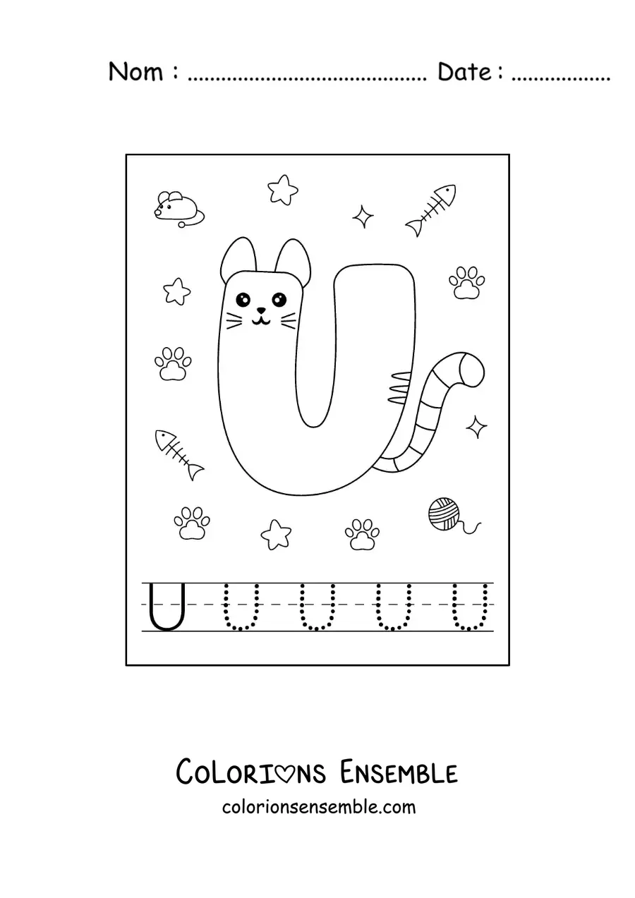 Image à colorier de la lettre U animée en forme de chat