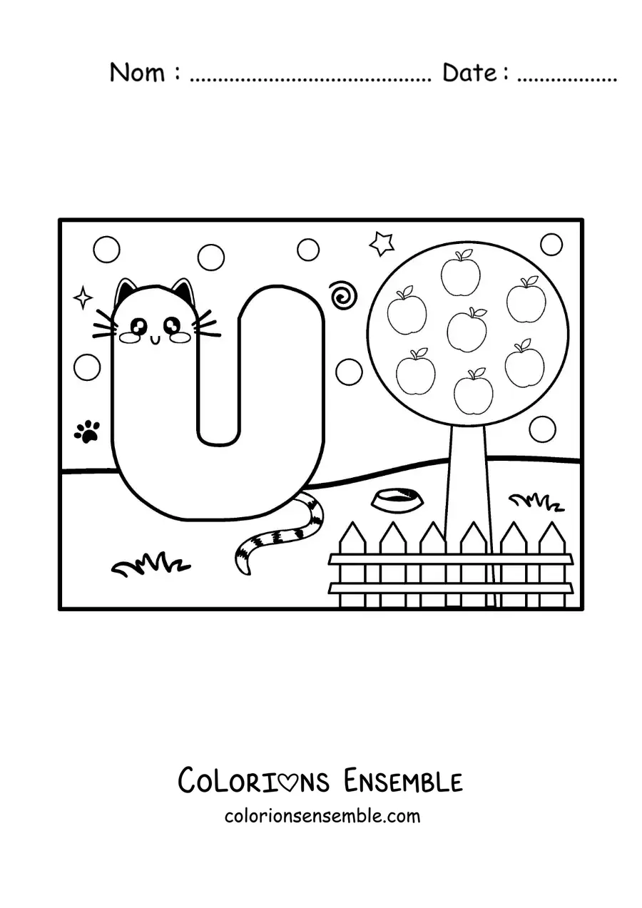 Image à colorier de la lettre U animée en forme de chat dans le parc