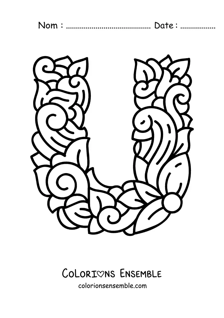 Image à colorier de la lettre U majuscule décorée