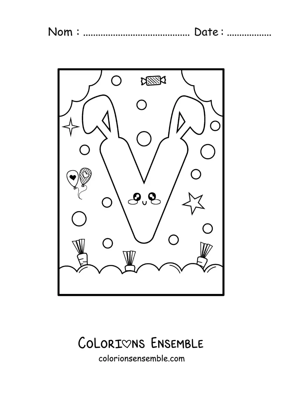 Image à colorier de la lettre V en forme de lapin kawaii animé