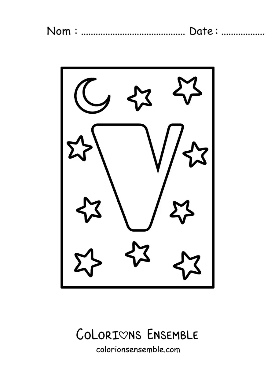 Image à colorier de la lettre V majuscule avec des étoiles et une lune