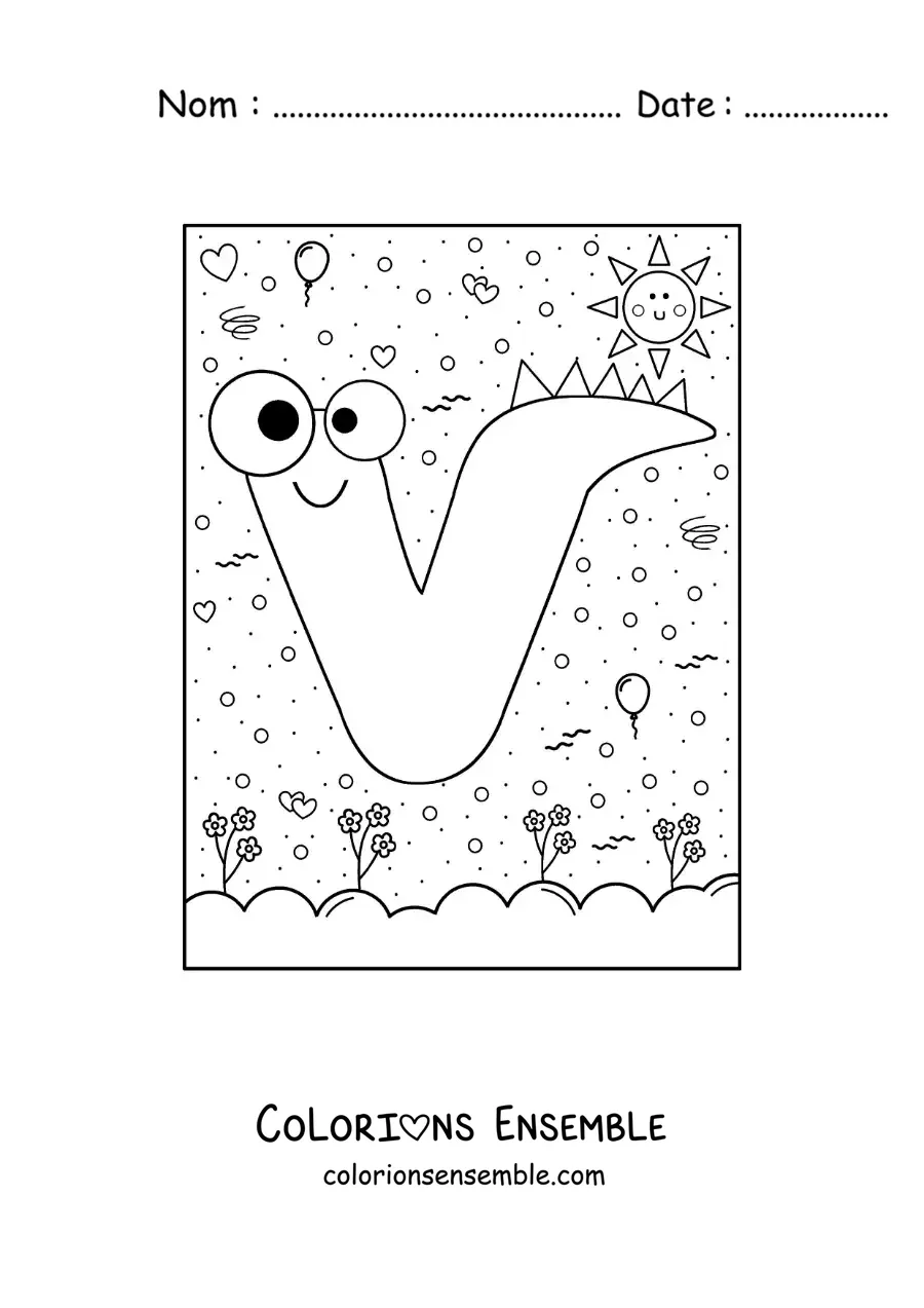 Image à colorier de la lettre V animée en forme de monstre de dessin animé