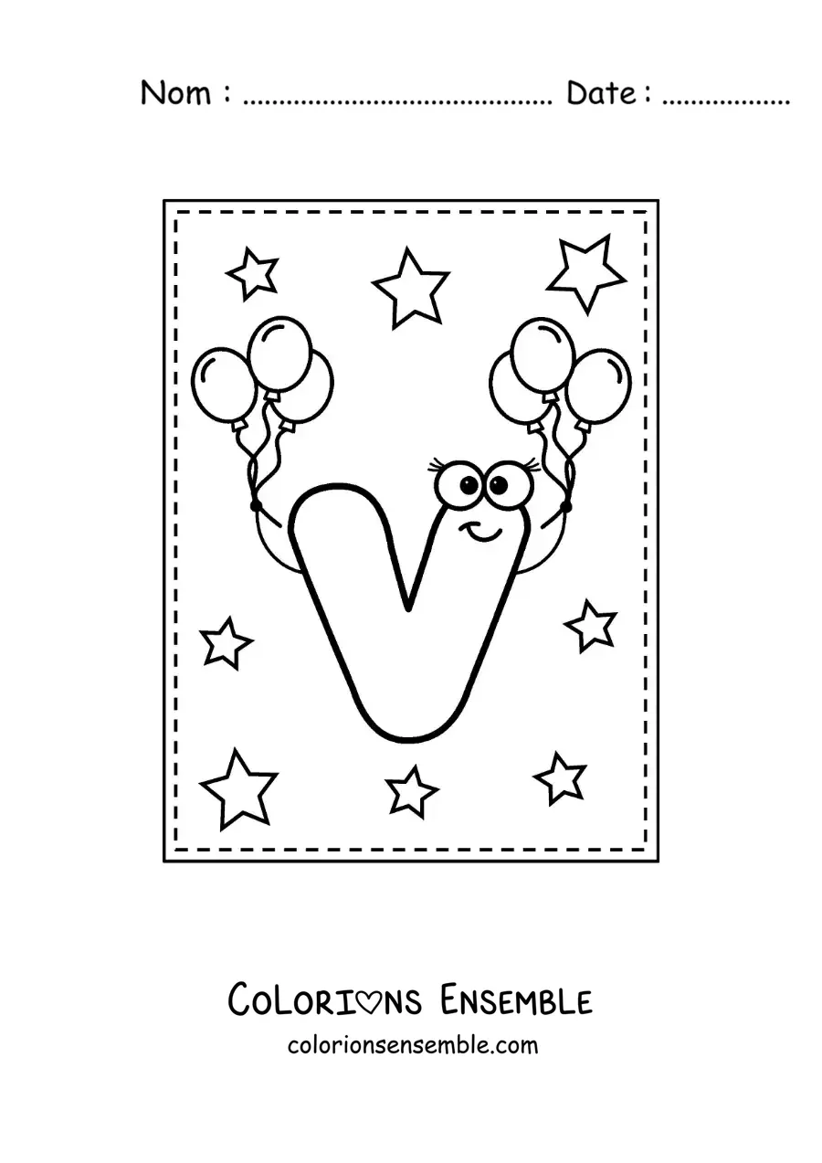 Image à colorier de la lettre V majuscule animée avec des ballons