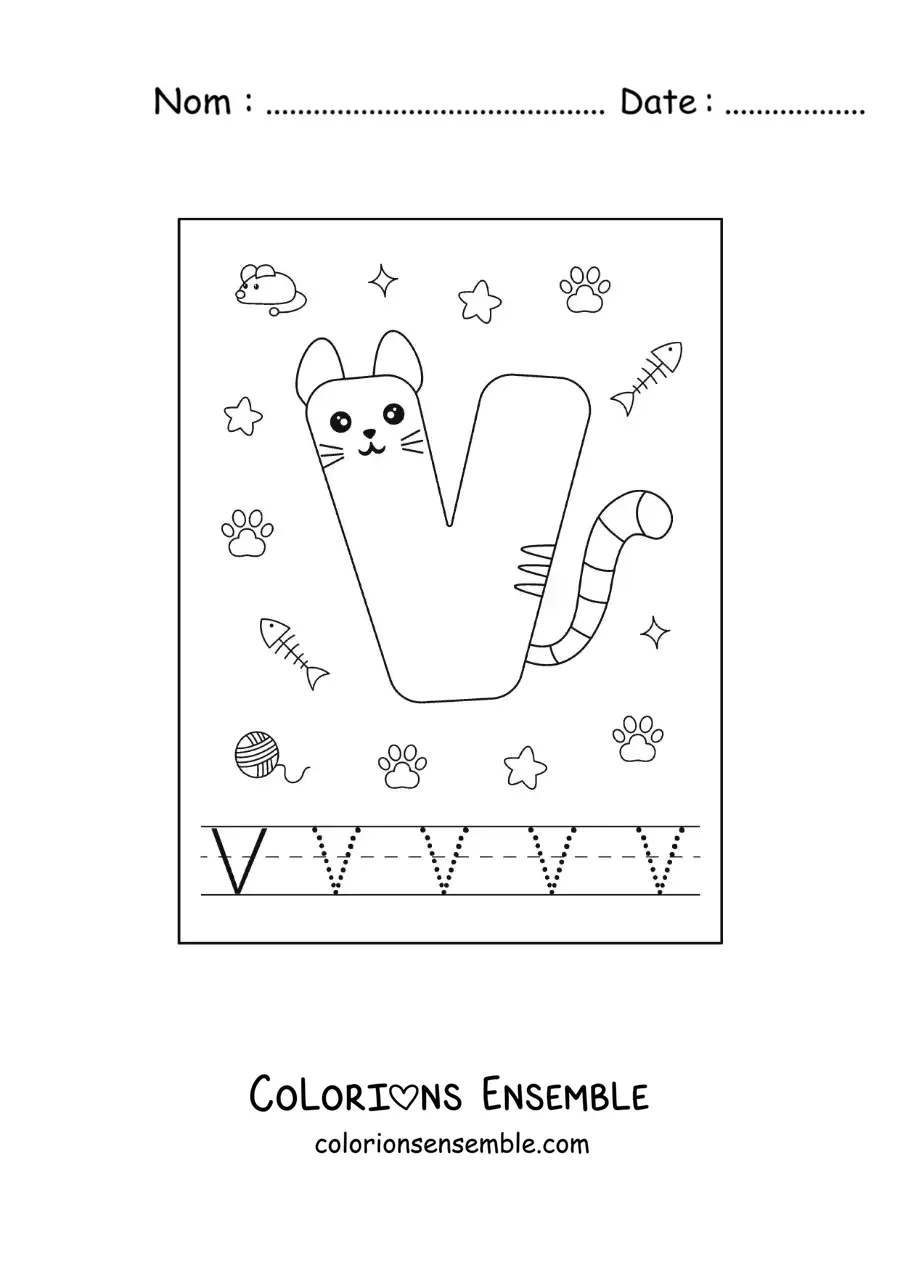 Image à colorier de la lettre V animée en forme de chat
