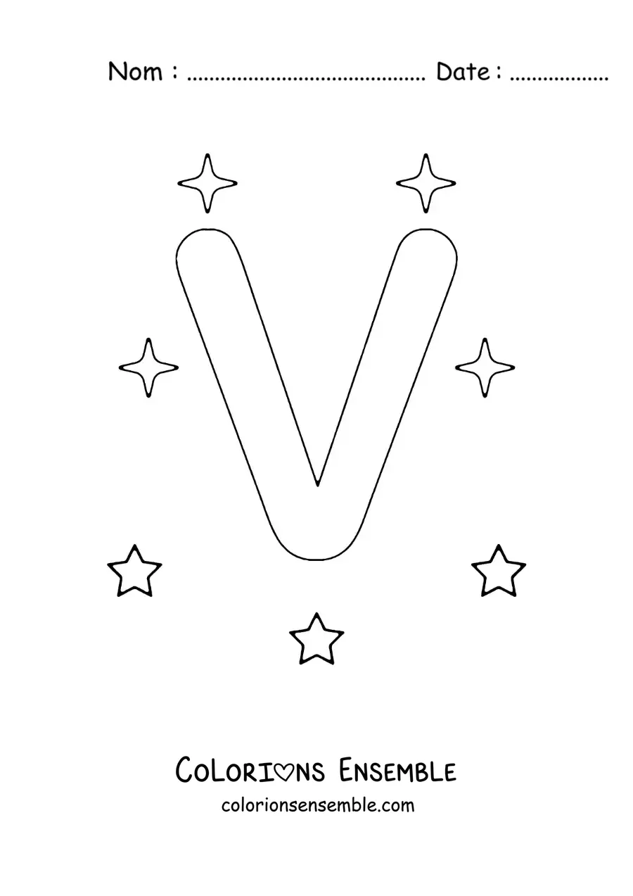 Image à colorier de la lettre V majuscule avec des étoiles