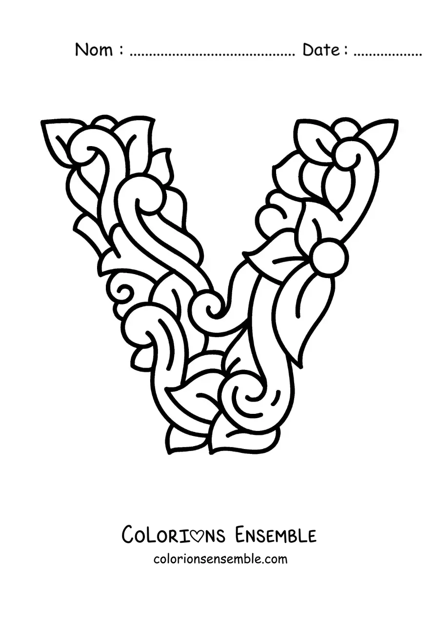 Image à colorier de la lettre V majuscule décorée