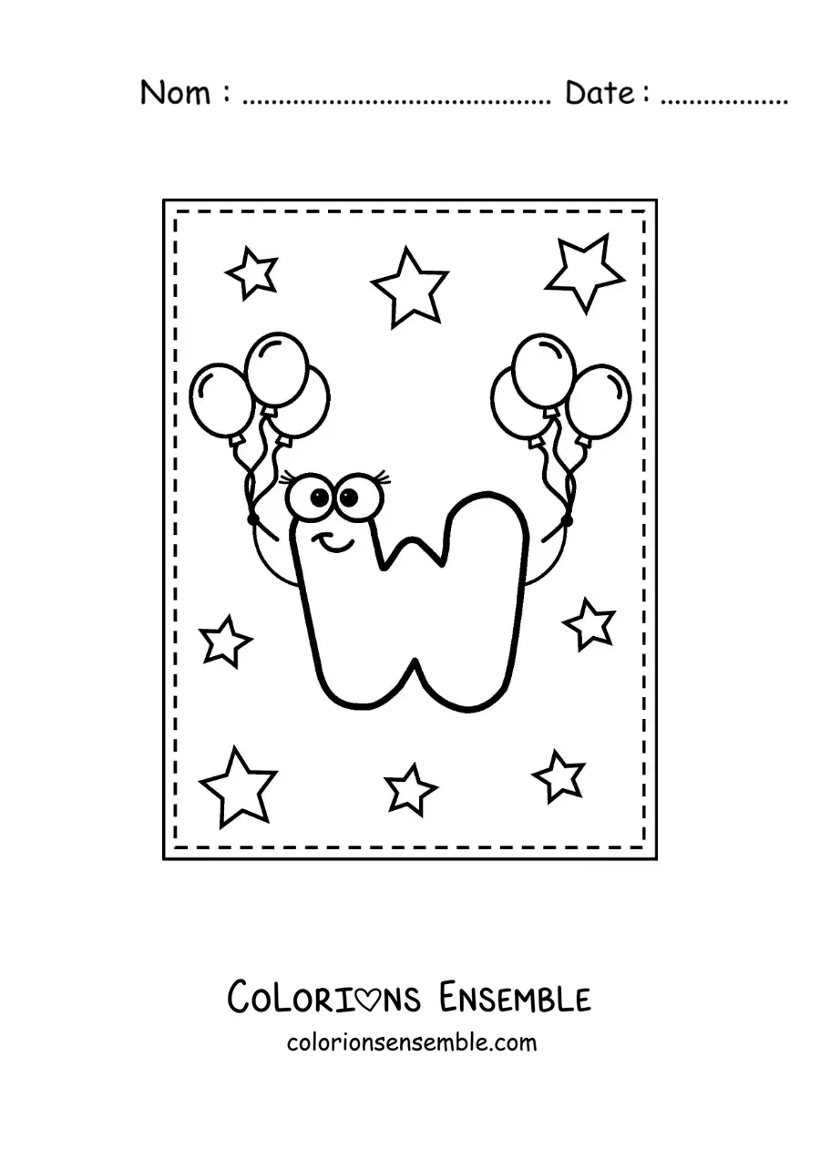 Image à colorier de la lettre W majuscule animée avec des ballons