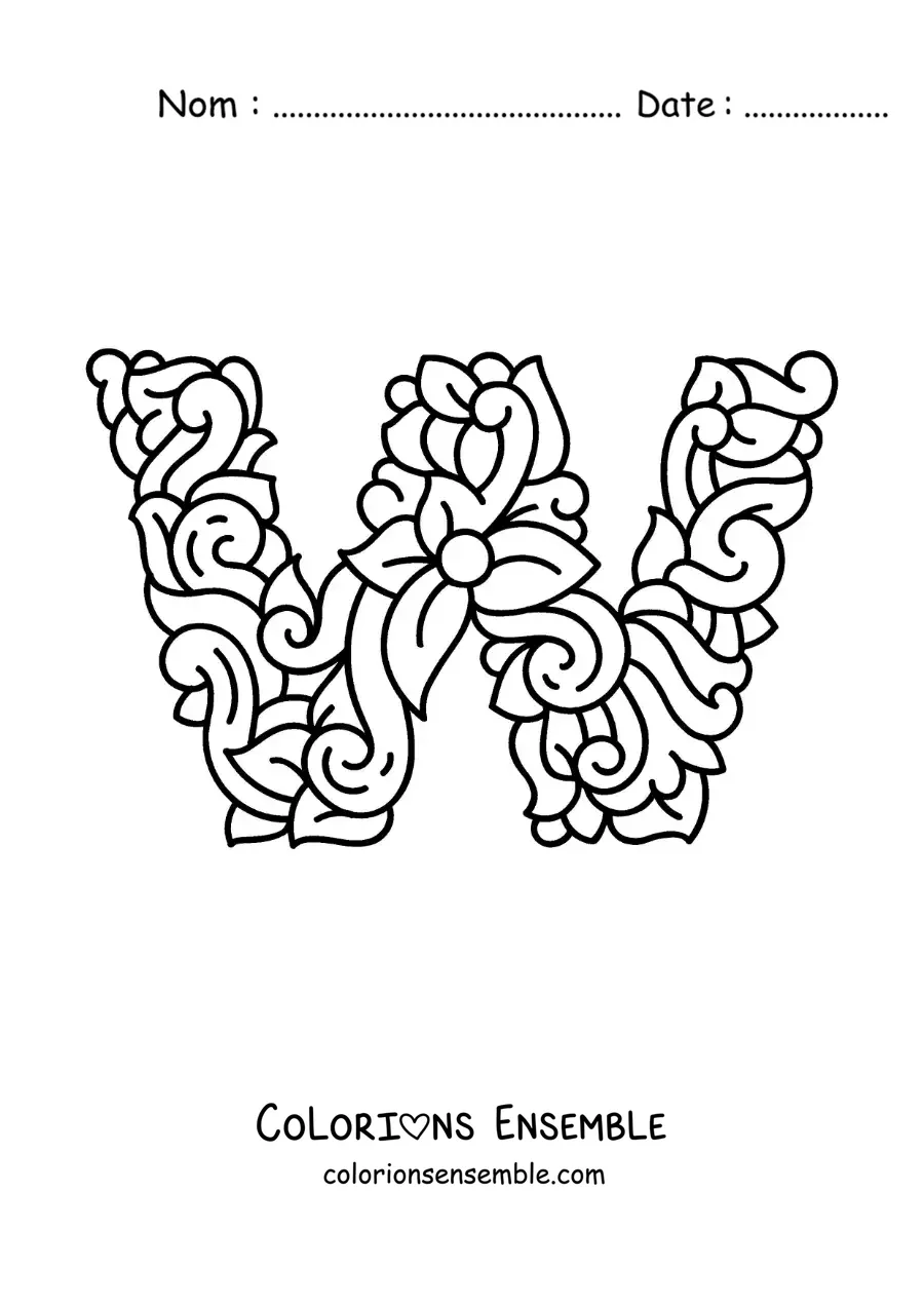 Image à colorier de la lettre W majuscule décorée