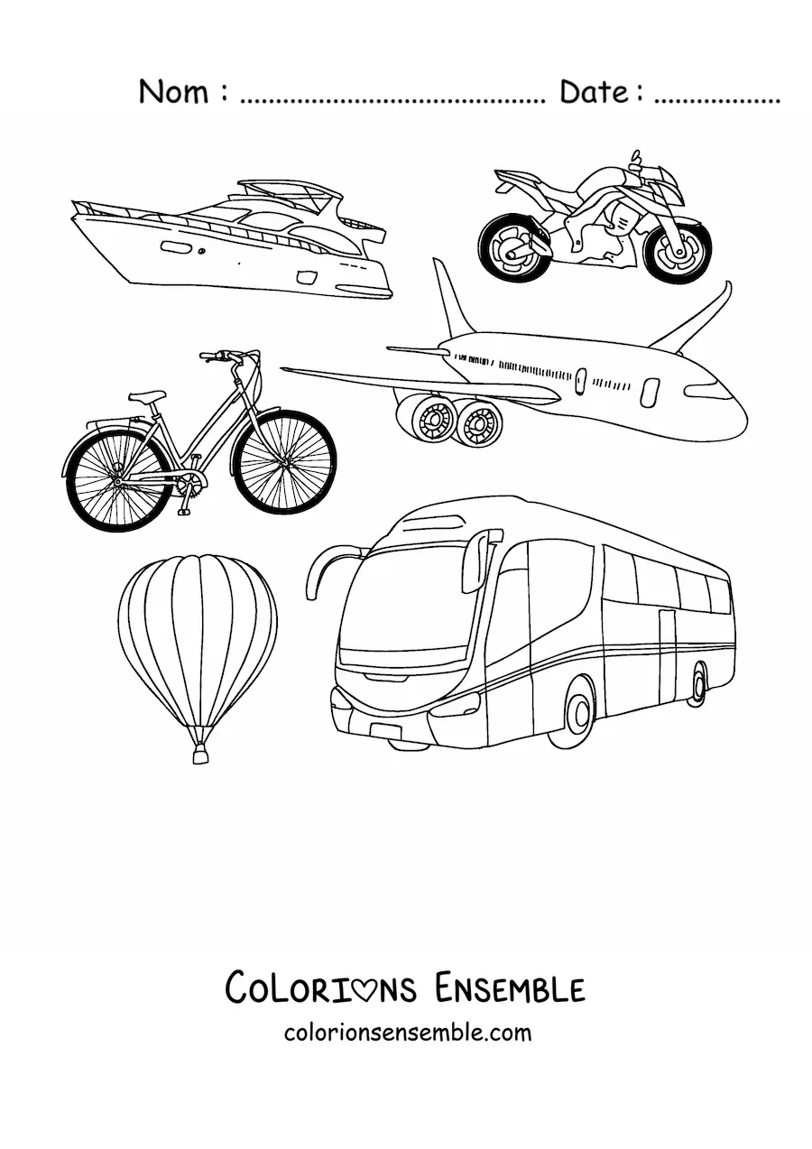 Image à colorier de plusieurs moyens de transport