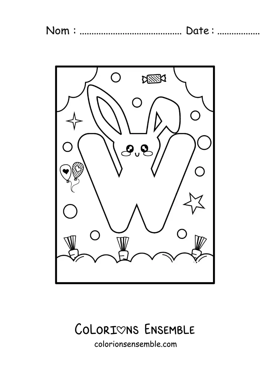 Image à colorier de la lettre W en forme de lapin kawaii animé