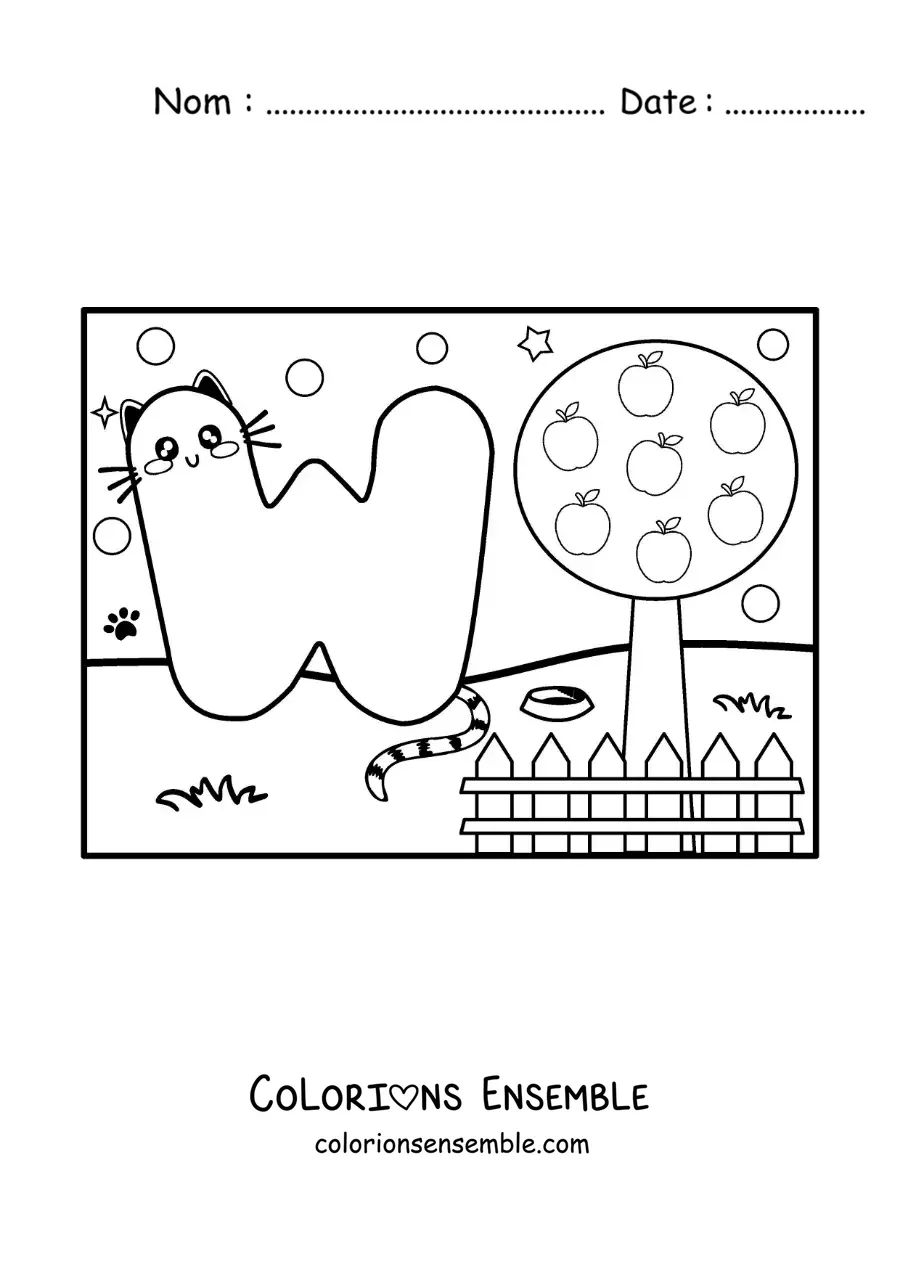 Image à colorier de la lettre W animée en forme de chat dans le parc
