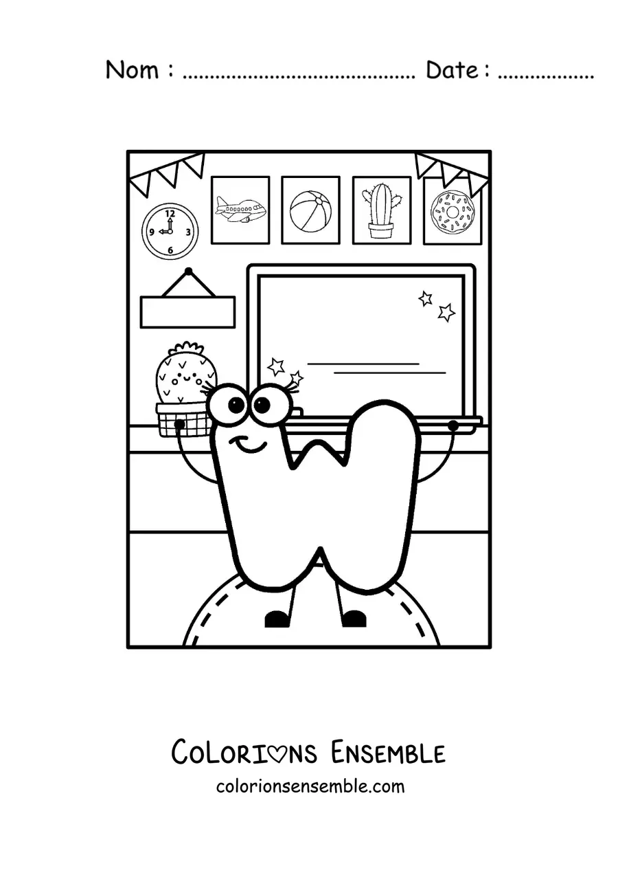Image à colorier de la lettre W animée à l'école
