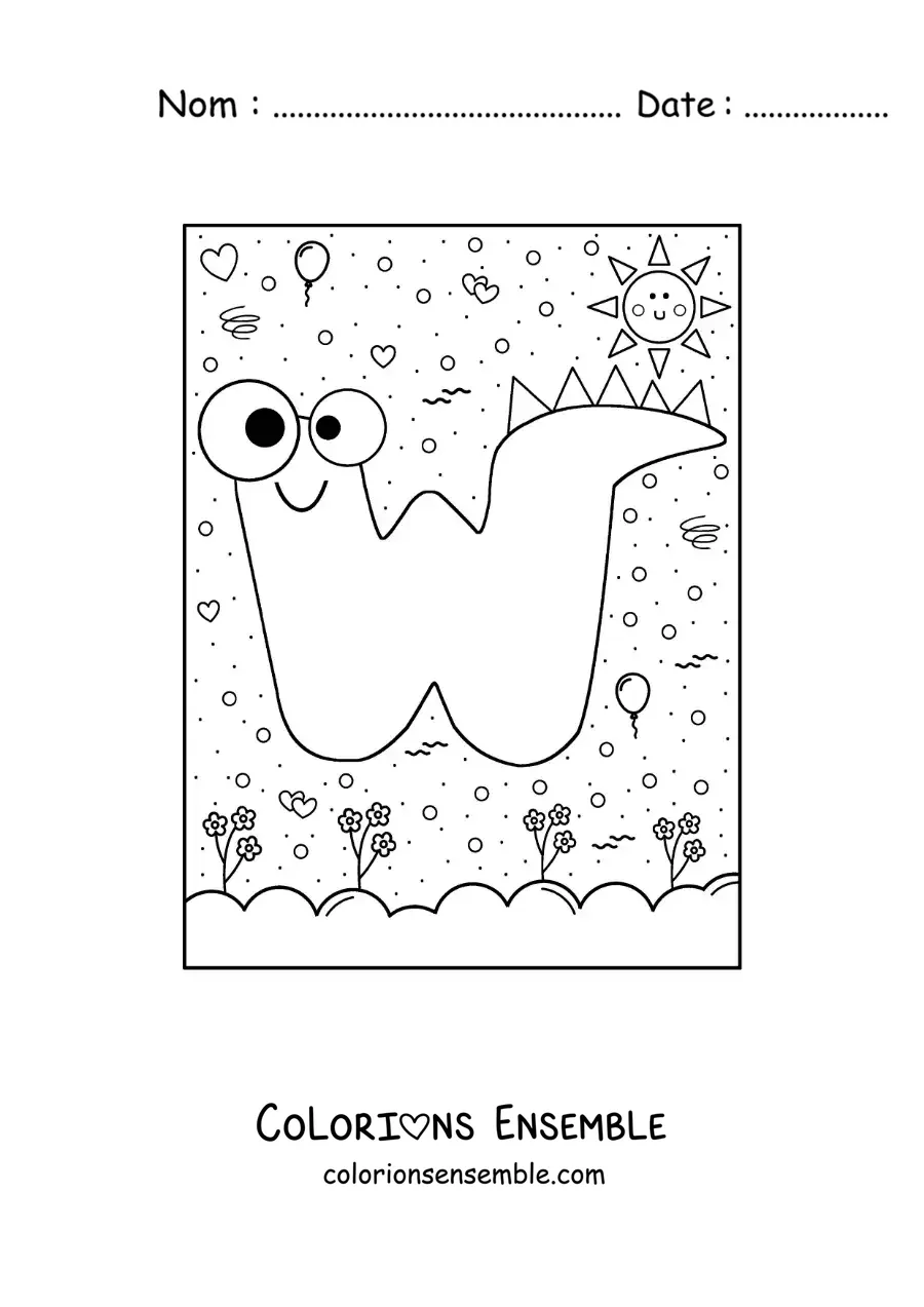 Image à colorier de la lettre W animée en forme de monstre de dessin animé