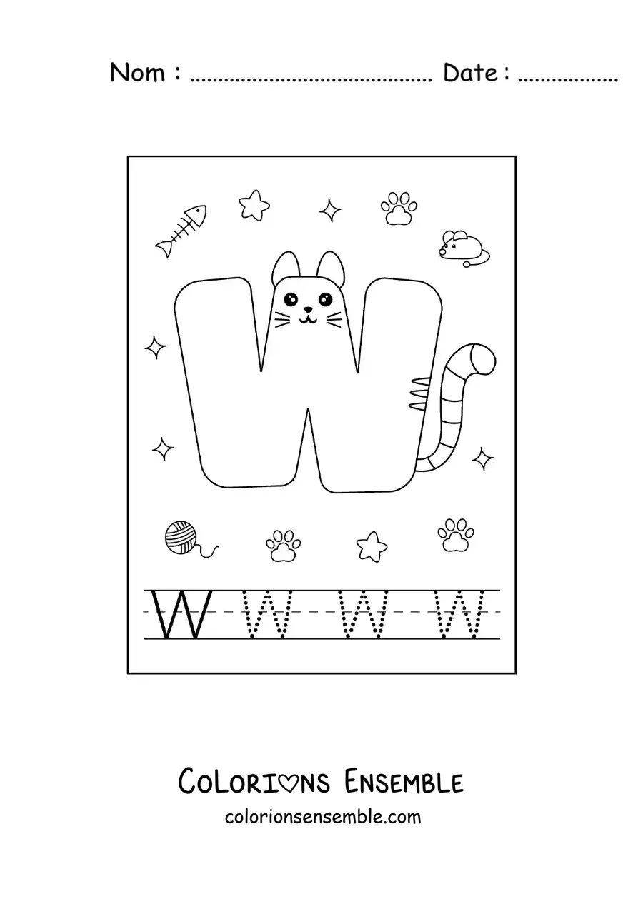 Image à colorier de la lettre W animée en forme de chat