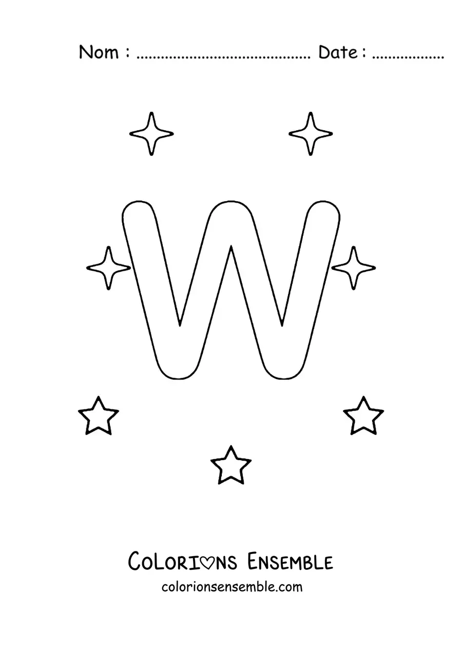 Image à colorier de la lettre W majuscule avec des étoiles