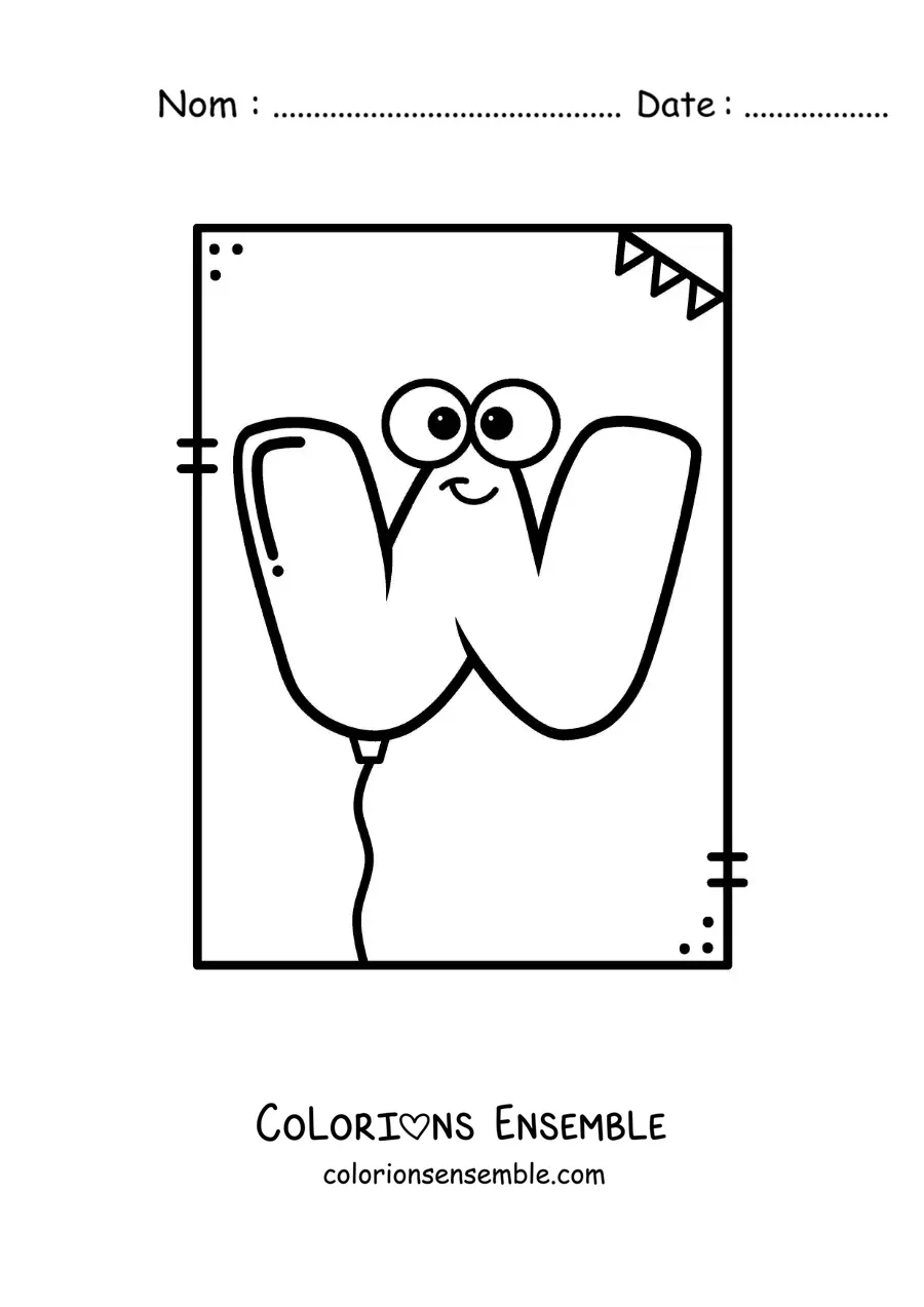 Image à colorier de la lettre W animée en forme de ballon