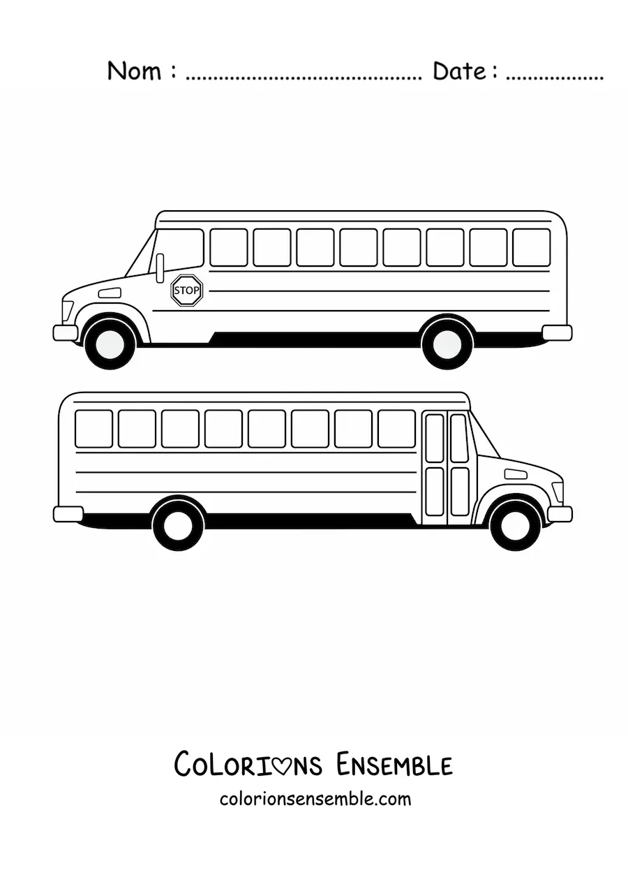 Image à colorier d'un autobus scolaire vu sous deux angles