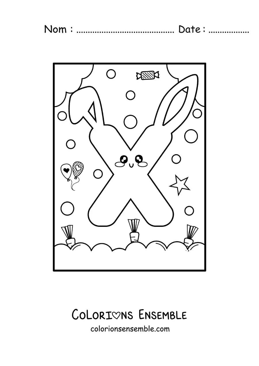 Image à colorier de la lettre X en forme de lapin kawaii animé