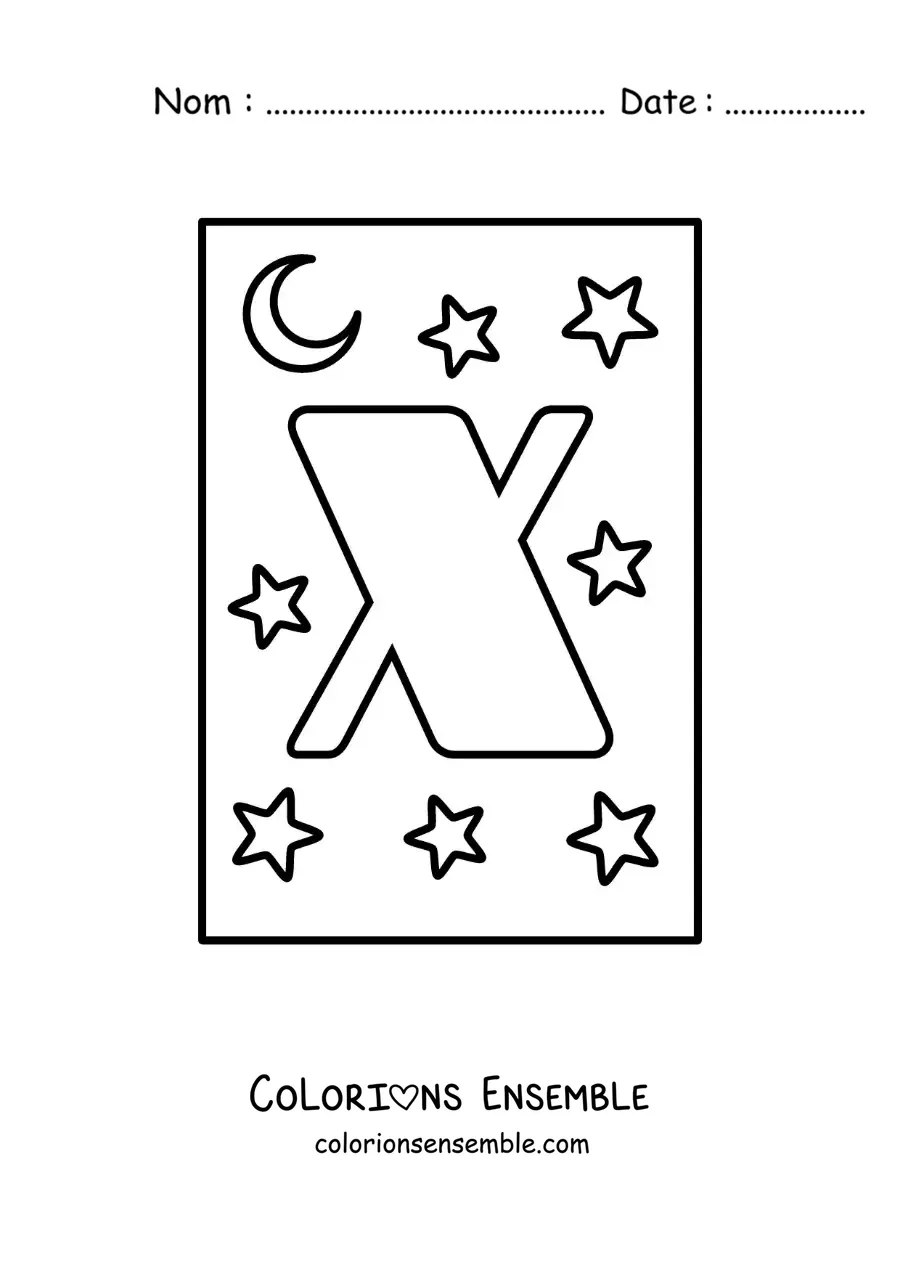 Image à colorier de la lettre X majuscule avec des étoiles et une lune