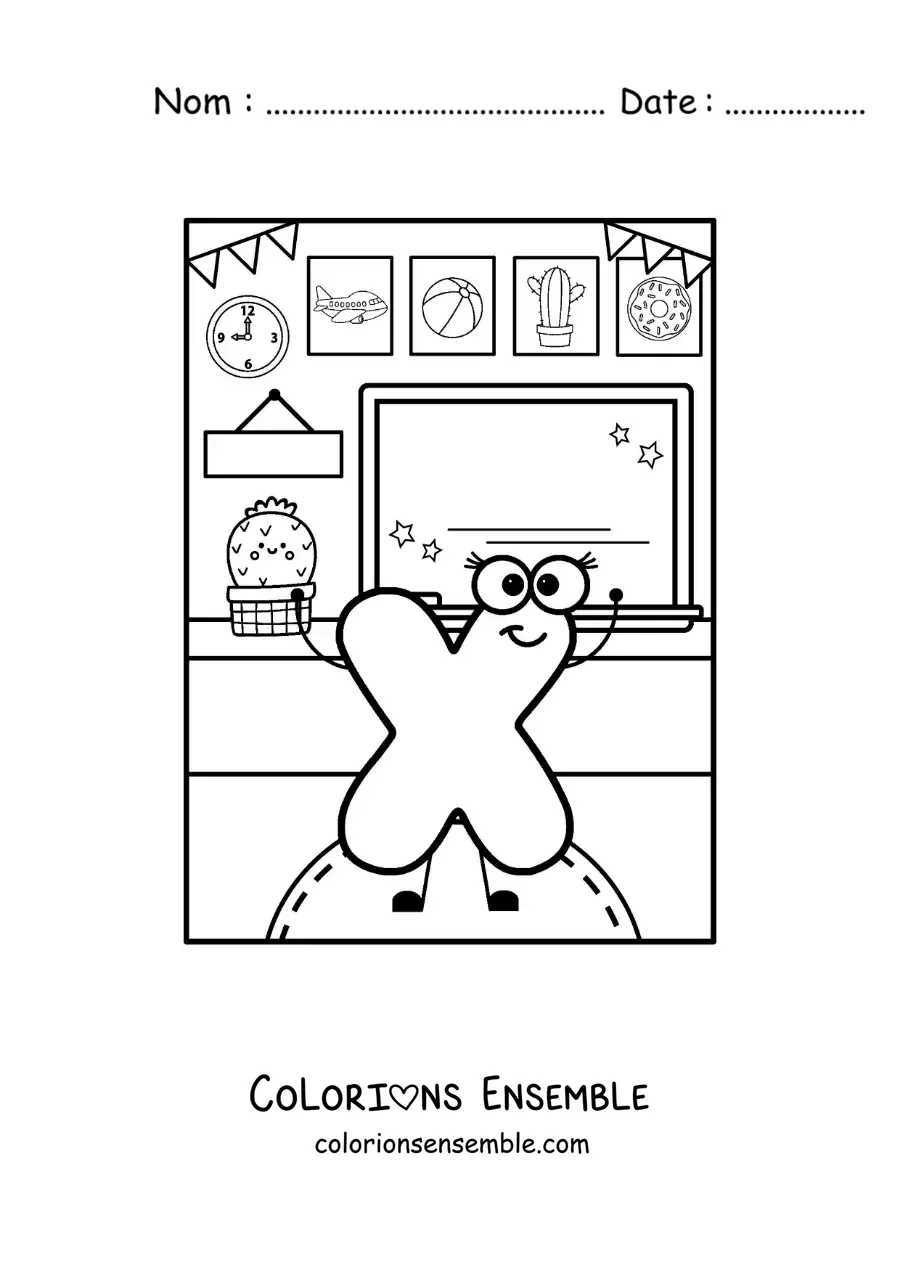 Image à colorier de la lettre X animée à l'école