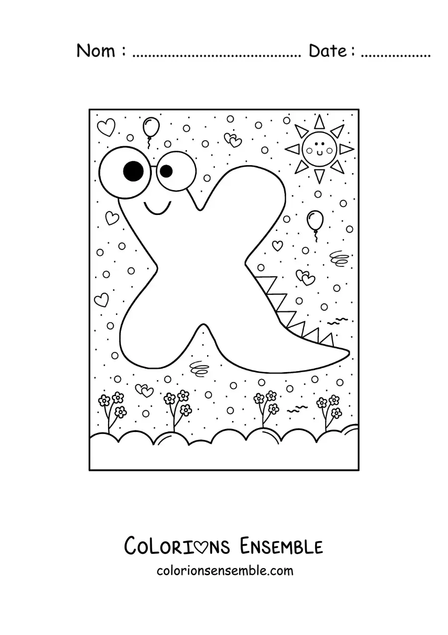 Image à colorier de la lettre X animée en forme de monstre de dessin animé