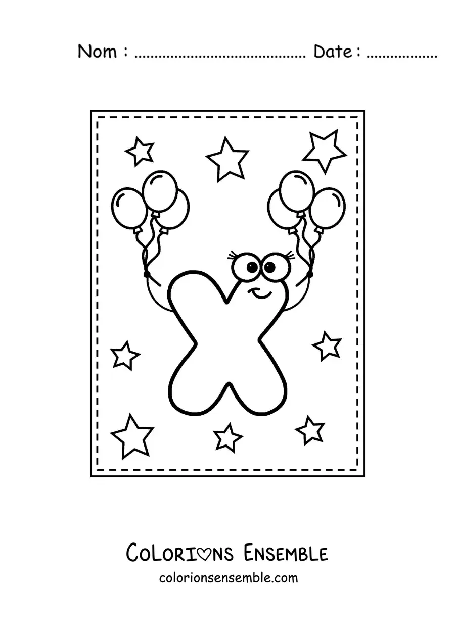 Image à colorier de la lettre X majuscule animée avec des ballons