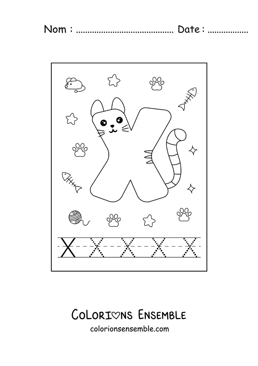 Image à colorier de la lettre X animée en forme de chat