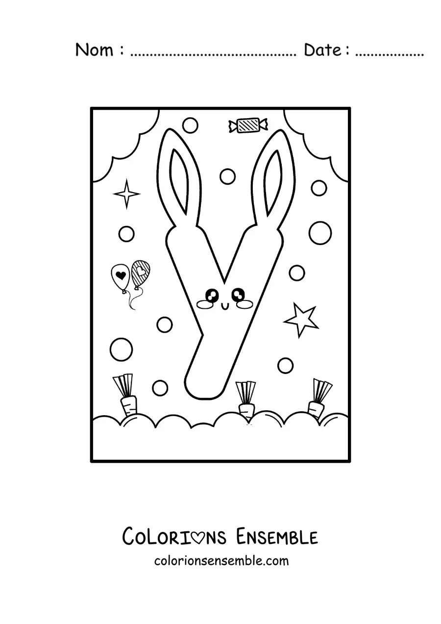 Image à colorier de la lettre Y en forme de lapin kawaii animé