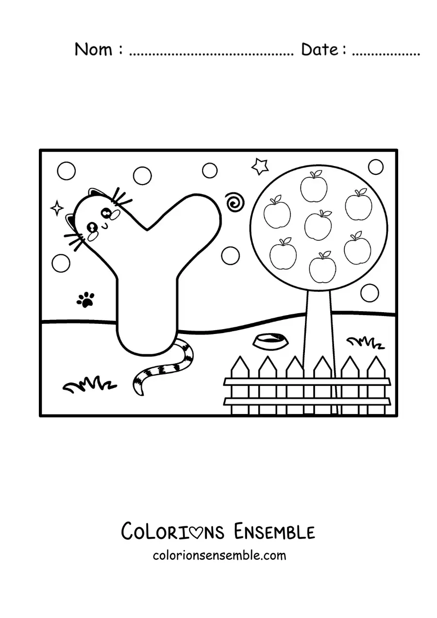 Image à colorier de la lettre Y animée en forme de chat dans le parc