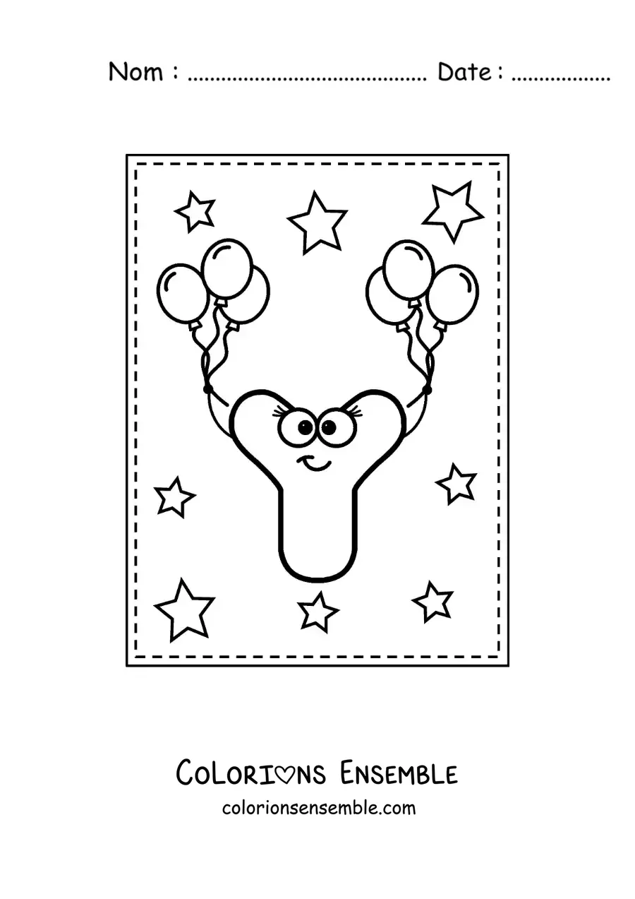 Image à colorier de la lettre Y majuscule animée avec des ballons