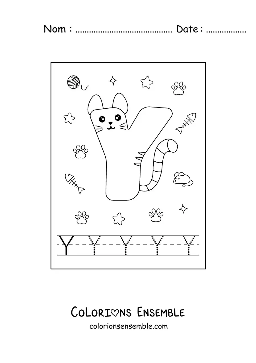 Image à colorier de la lettre Y animée en forme de chat