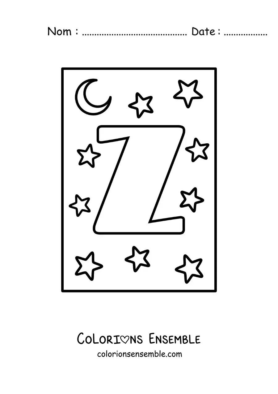Image à colorier de la lettre Z majuscule avec des étoiles et une lune