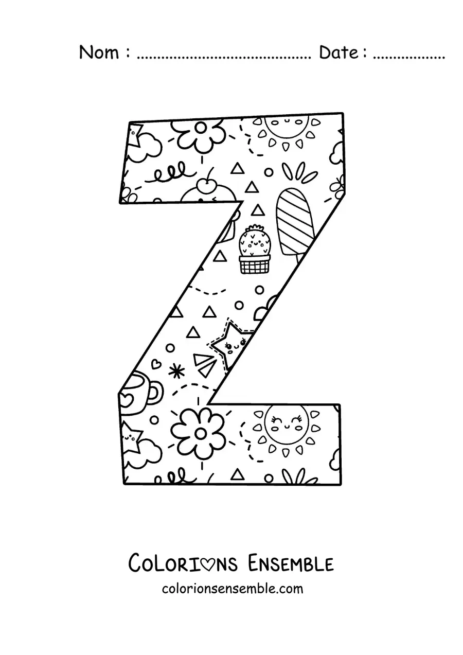 Image à colorier de la lettre Z avec des dessins animés