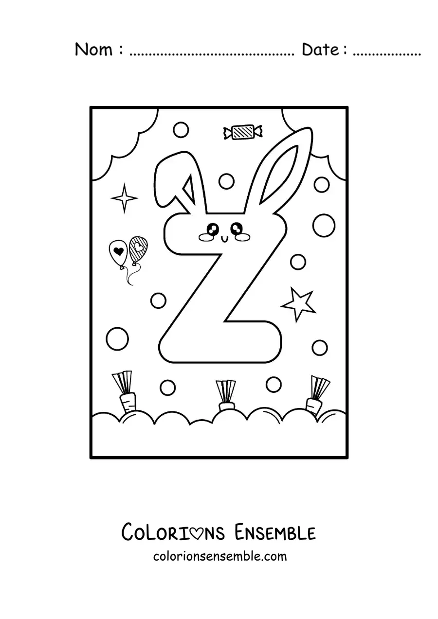 Image à colorier de la lettre Z en forme de lapin kawaii animé