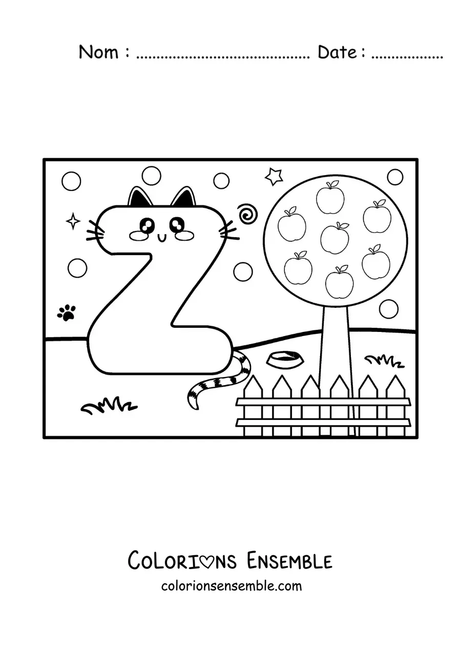 Image à colorier de la lettre Z animée en forme de chat dans le parc