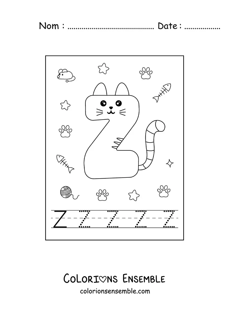 Image à colorier de la lettre Z animée en forme de chat