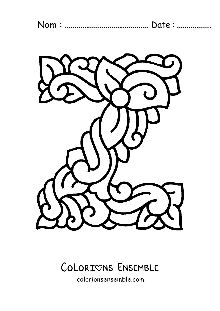 Image à colorier de la lettre Z majuscule décorée