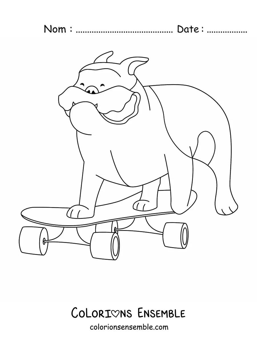 Image à colorier d’un bouledogue faisant du skateboard