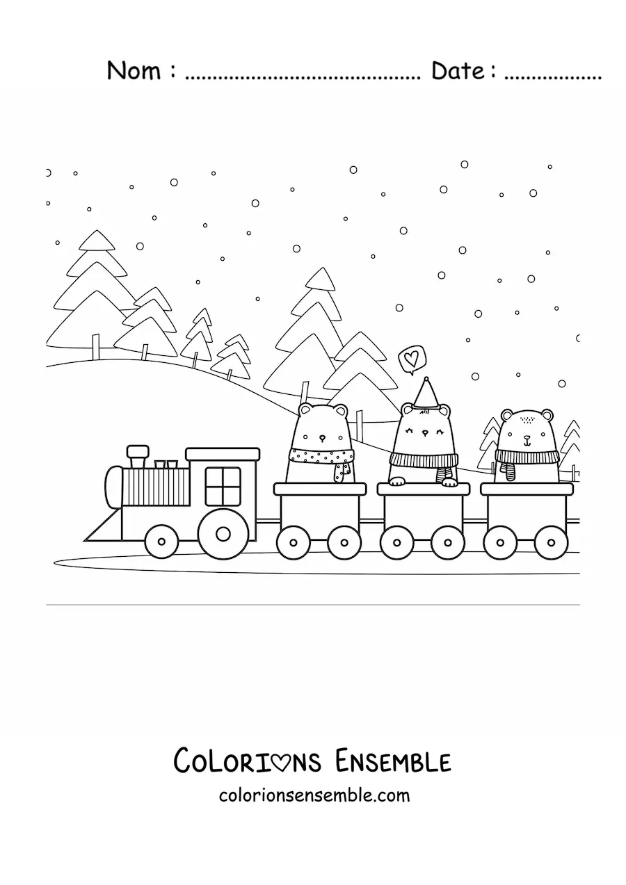 Image à colorier de trois ours animés dans un train