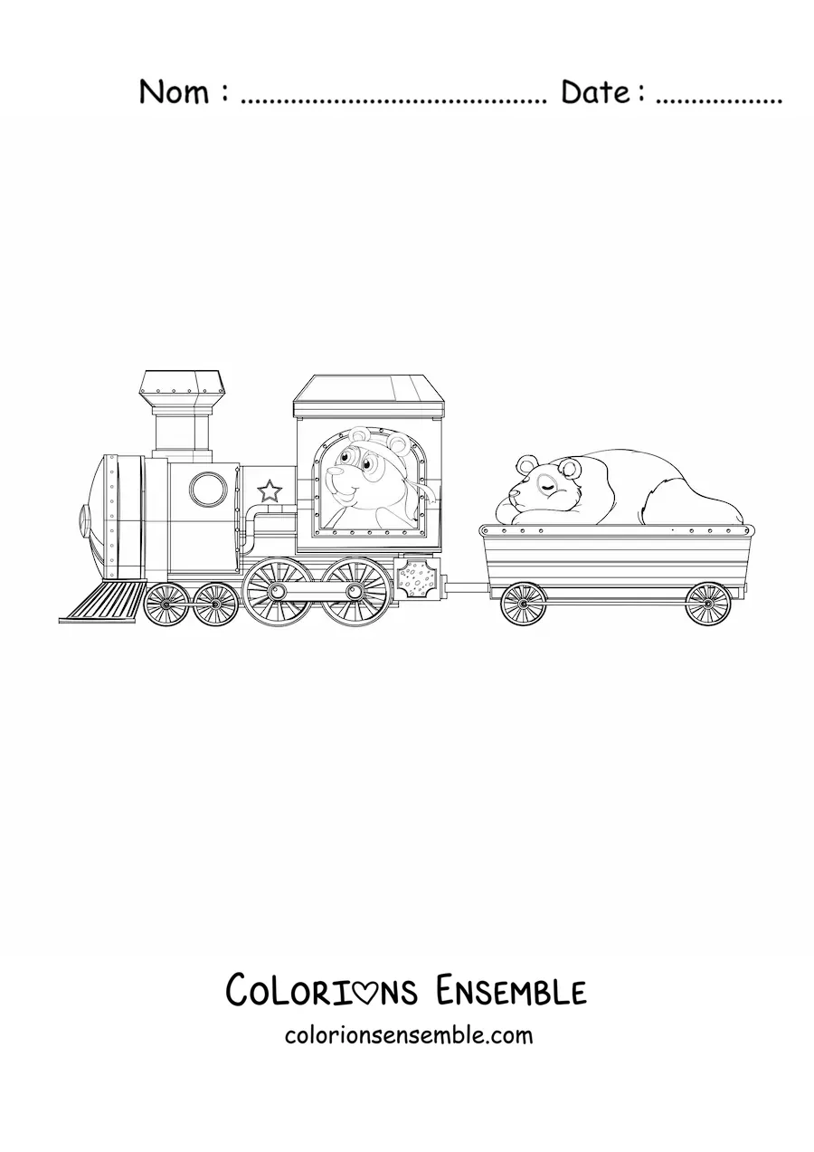 Image à colorier de deux pandas animés dans un train