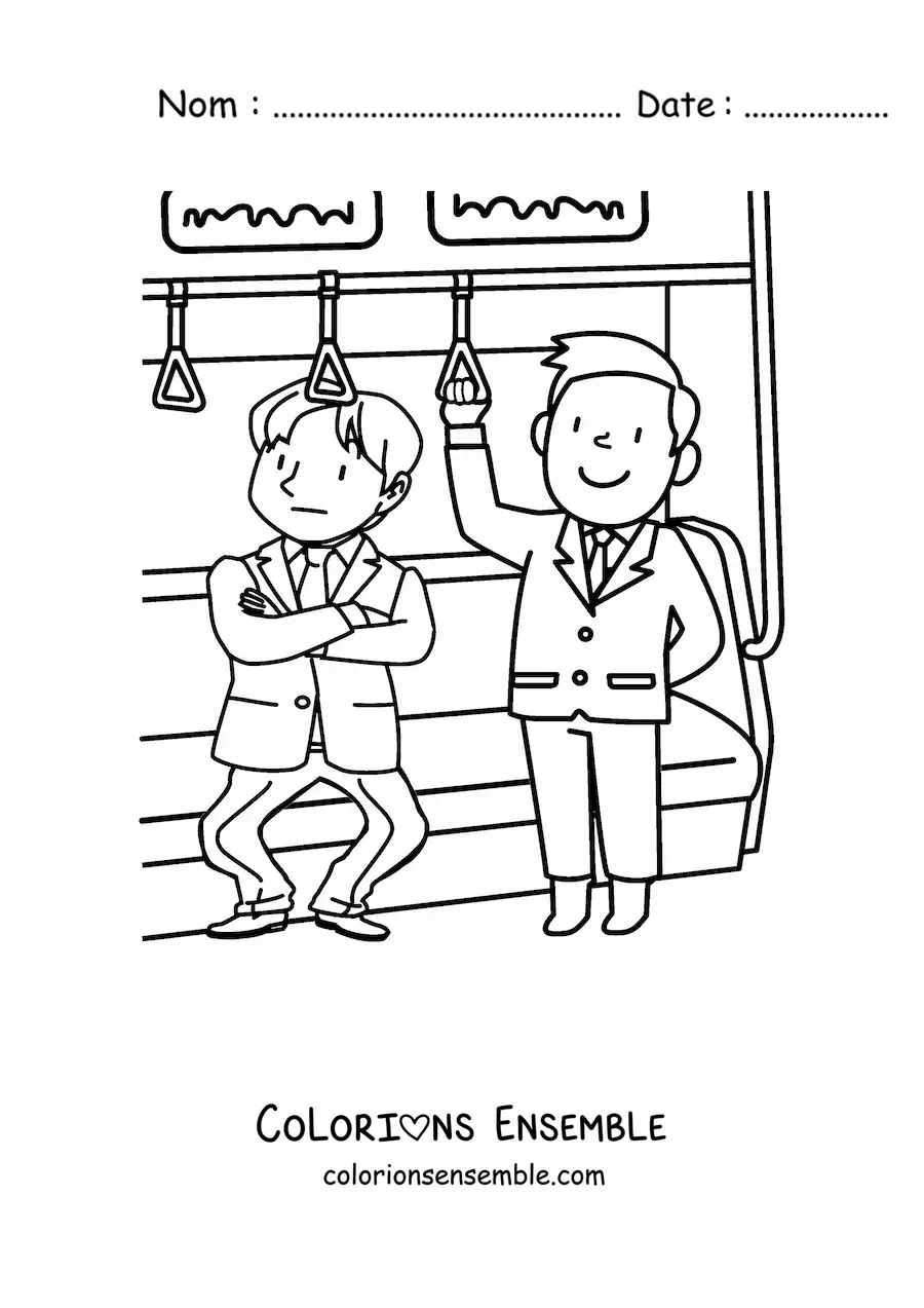 Image à colorier de deux hommes voyageant dans un wagon de métro