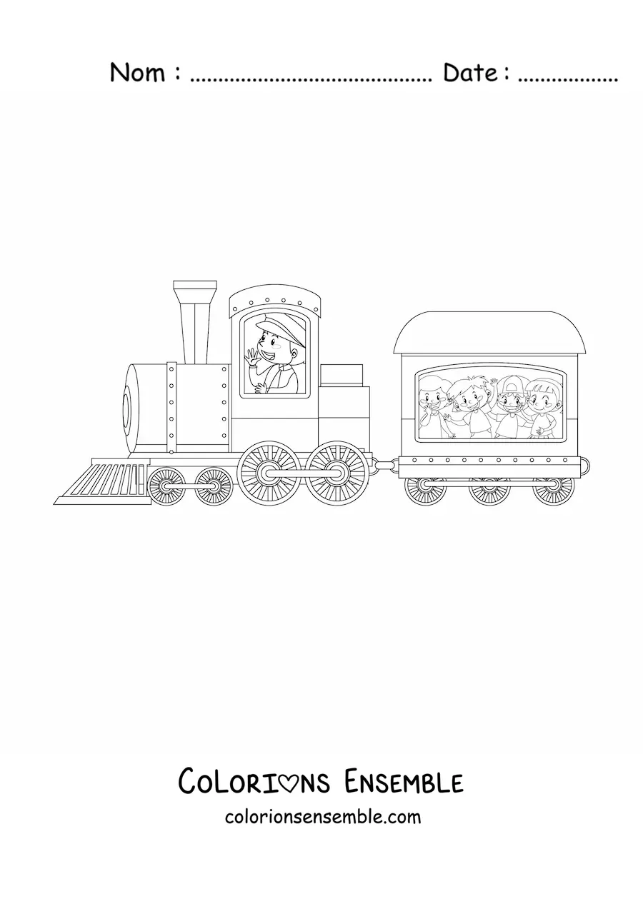 Image à colorier de plusieurs enfants à bord d'un train