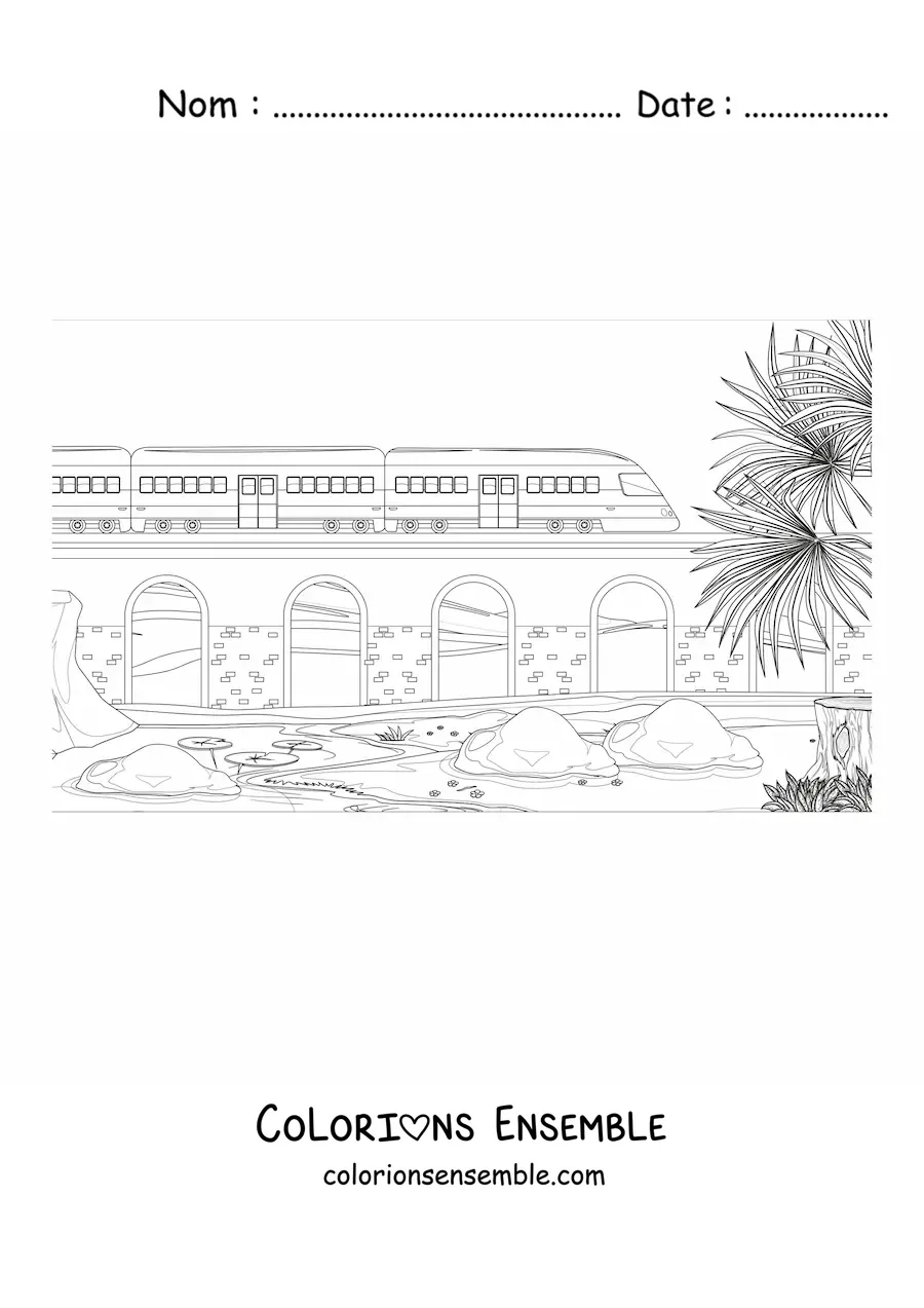 Image à colorier d'un train passant sur un pont