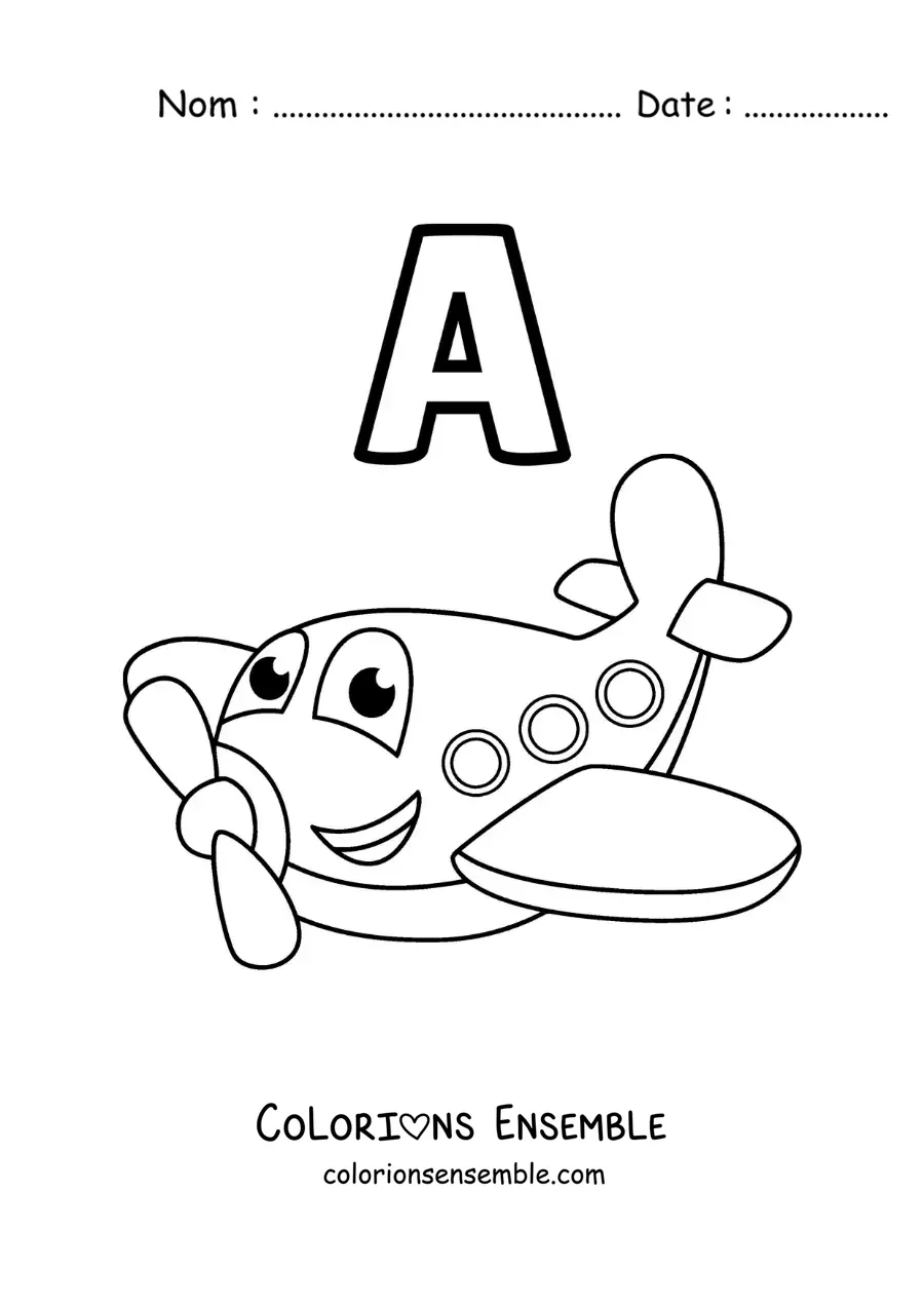 Image a colorier de la lettre A comme avion