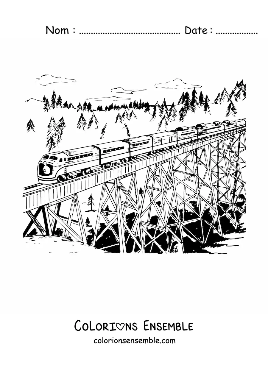 Image à colorier d'un train roulant sur un pont
