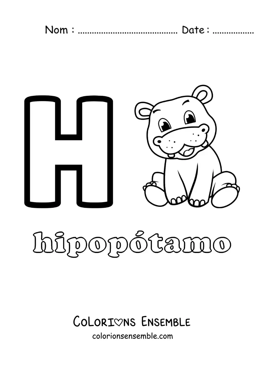 Image a colorier de la lettre H comme hippopotame